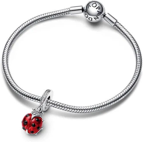 Vista 3 de Pandora Dije colgante de mariquita roja, pulseras de momentos compatibles, joyería para mujer, regalo para mujeres en tu vida, fabricado con plata