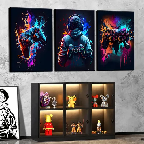 Vista 4 de 3 piezas de arte de pared de videojuegos geniales retro acuarela pósters cuadros coloridos neón gamepad lienzo pintura impresiones para habitación
