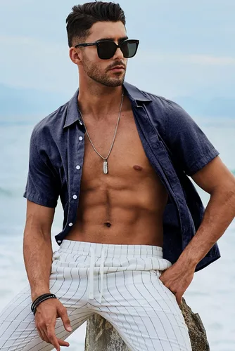 Vista 72 de JMIERR Camisas de vestir a rayas con botones y manga corta para hombre