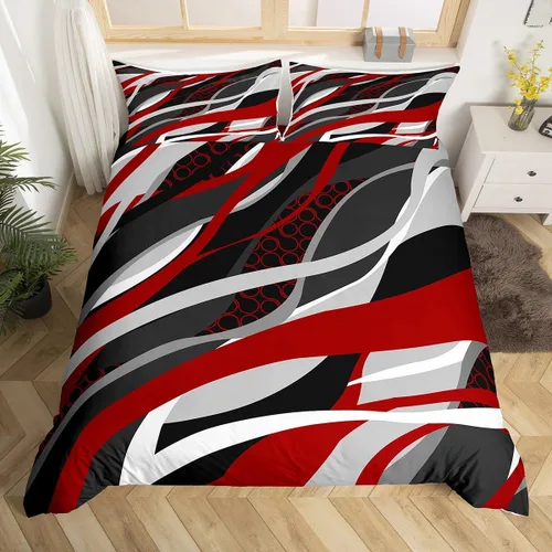 Vista 5 de Manfei Juego de funda de edredón rojo y gris, tamaño individual, funda de edredón de círculo de rayas onduladas abstractas con 1 funda de almohada