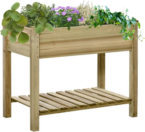 Vista 11 de Outsunny - Jardinera elevada de madera con estante de almacenamiento, orificios de drenaje y forro para el patio trasero, la terraza, el balcón, 47