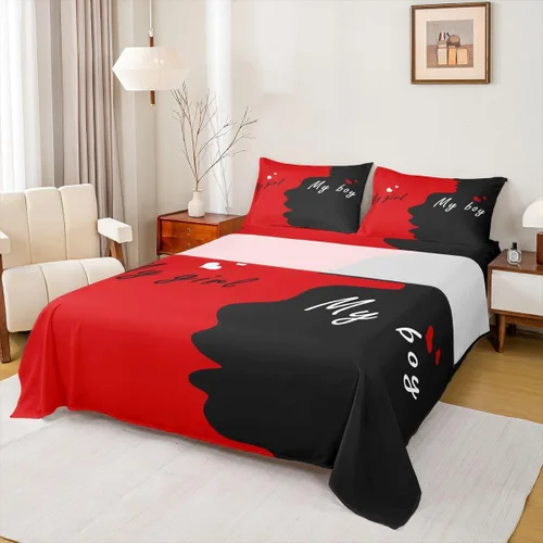 Vista 17 de Dog Side My Side - Juego de sábanas de tamaño Queen, color negro y blanco, sábana bajera ajustable para mujeres y hombres, sábanas románticas