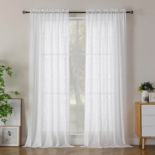 Vista 33 de Simplebrand Cortinas traslúcidas negras de cocina de 24 pulgadas de largo, 2 paneles, filtrado de luz, geométrico jacquard con textura, cortinas