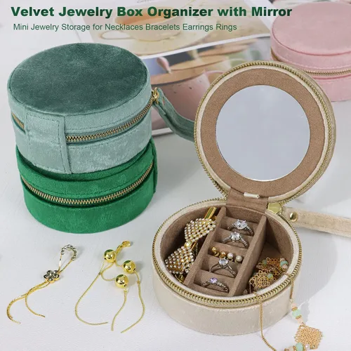 Vista 4 de Joyero pequeño Mini estuche de viaje de terciopelo de felpa con espejo, organizador de joyas portátil para aretes, collares, pulseras y anillos