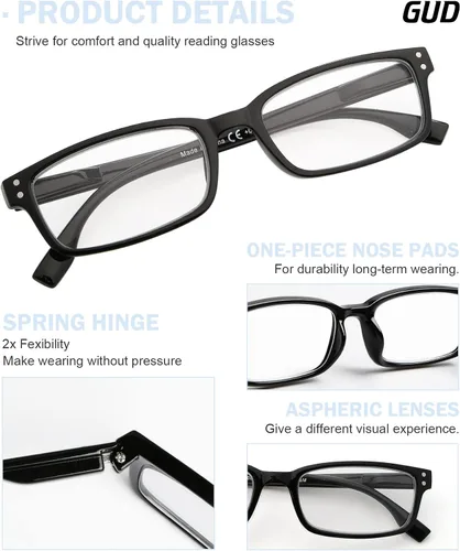 Vista 3 de GUD 4 pares de anteojos de lectura de estilo clásico, cómodos anteojos para lectura para mujeres y hombres (2 negros + 2 DEMI, 0.50)