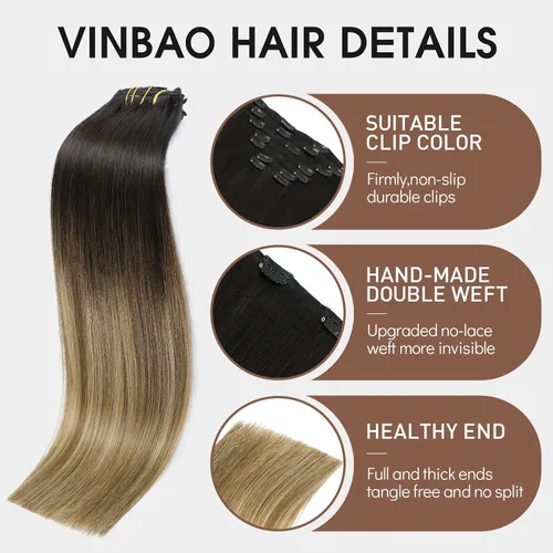 Vista 70 de VINBAO Extensiones de cabello humano con clip, balayage, color marrón ceniza a rubio caramelo, 14 pulgadas, 6 unidades, 3.53 onzas, 6