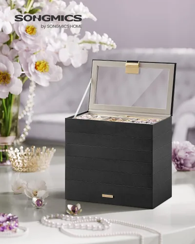 Vista 2 de SONGMICS Bandejas de joyería apilables, caja de joyería de 6 niveles, organizador de joyas con cajón, con tapa de vidrio, divisores extraíbles