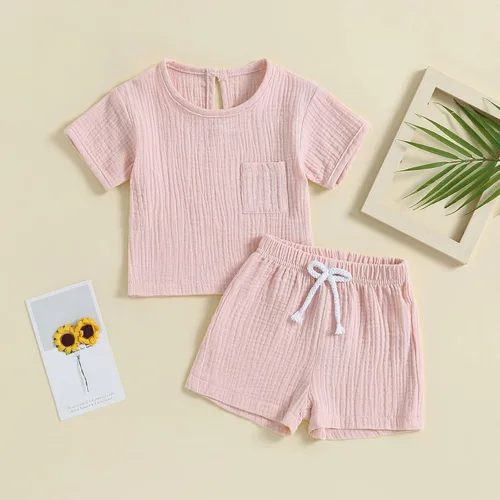 Vista 2 de Conjunto de ropa de verano de algodón y lino de manga corta para bebé niño y niña