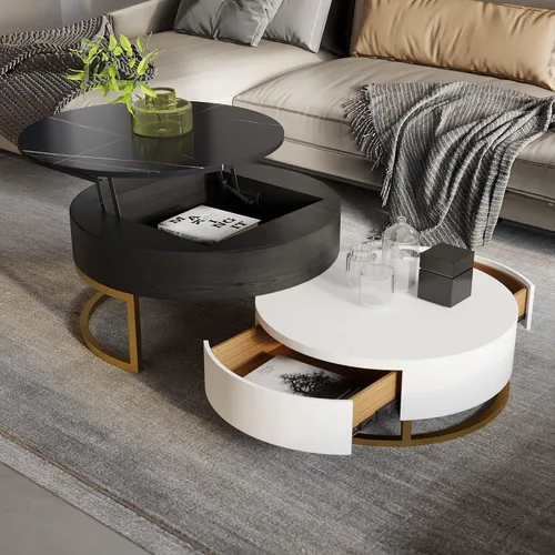Vista 4 de Mesa auxiliar elevable, mesa de centro redonda con almacenamiento oculto, juego de 2 mesas auxiliares anidables, mesa auxiliar, mesa central