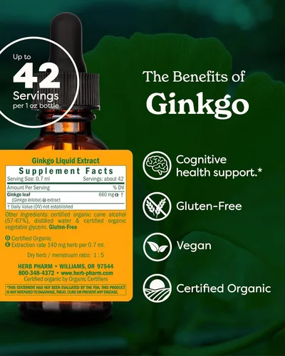 Vista 2 de Extracto orgánico certificado de Ginkgo para la memoria y la concentración de Herb Pharm, 1 Ounce, 1, 1