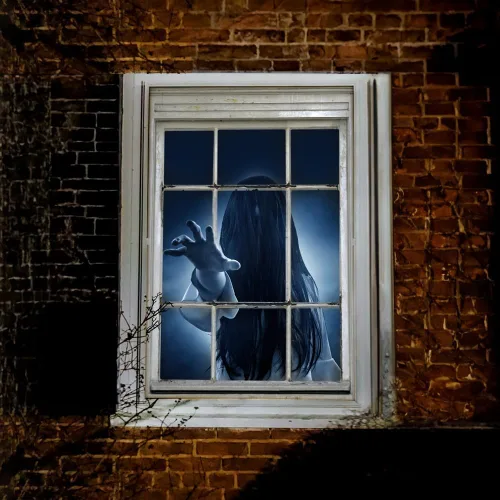 Vista 3 de Decoración de ventana de Halloween, cortina de fantasma femenino, decoración aterradora para la pared de la puerta de la ventana, decoración