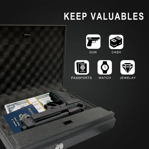 Vista 5 de Caja fuerte para armas con bloqueo de teclado digital, caja fuerte para armas con 1 pistola, pequeña caja de seguridad portátil para armas
