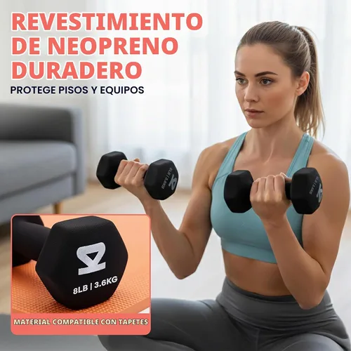 Vista 2 de SQUATZ Juego de mancuernas con soporte, pesas recubiertas de neopreno de 32 libras en color gris, negro y naranja, forma hexagonal antideslizantes