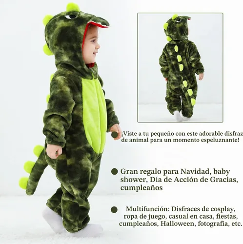Vista 6 de TONWHAR - Disfraz de dinosaurio para niños pequeños, mameluco de animal para Halloween para niños y niñas Verde militar
