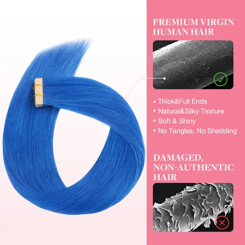 Vista 4 de GOO GOO Extensiones de cabello humano con cinta, color azul, 10 pulgadas, 0.71 oz, 10 unidades, extensiones de cabello humano con cinta invisible