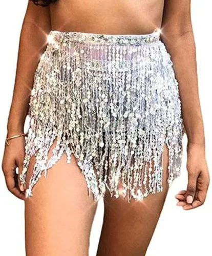 Vista 5 de REETAN Falda Boho para danza del vientre con lentejuelas, mascada de cadera con flecos y borlas falda para fiestas, bailes,actuaciones y disfraces