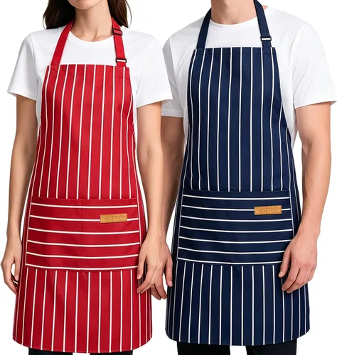 Vista 10 de Cardkiss Paquete de 2 Delantales de Cocina, Delantales Suaves para Mujeres y Hombres con 2 Bolsillos, Delantal de Chef con Correa Ajustable