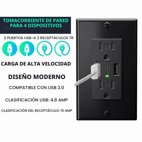 Vista 2 de Dependable Direct - 2 puertos USB de alta velocidad 4.8A y 15 A dúplex, resistencia a la manipulación y receptáculo de pared, incluye placa de pared