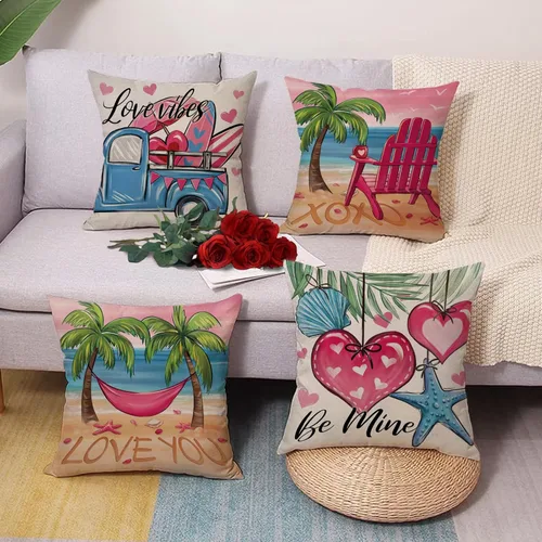 Vista 4 de Juego de 4 fundas de almohada decorativas para el día de San Valentín, playa, de 16 x 16 pulgadas, para silla de camión costera, con corazones
