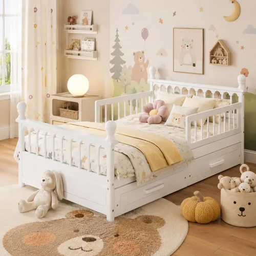 Vista 13 de SOFTSEA Twin Size Kids Bed Frame with Storage Drawers, Wood Platform Bed with Storage Headboard and Charging Station, No Box Spring Needed, Cream