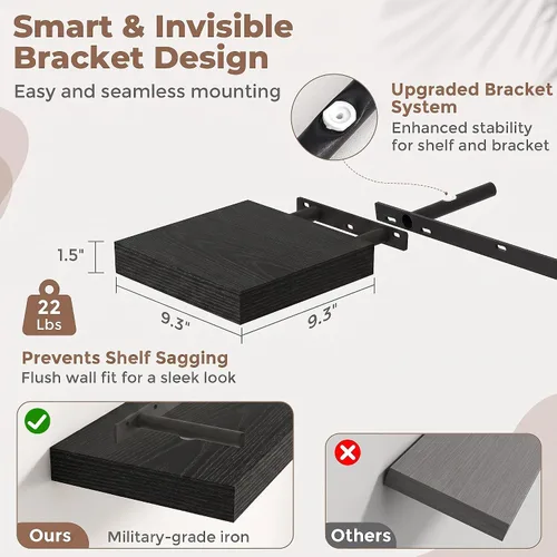 Vista 3 de Marsmiles 9.3 Inch Floating Shelves for Wall 2 Pack, 9.3" D Wood Grain Bathroom Shelves Black Finish