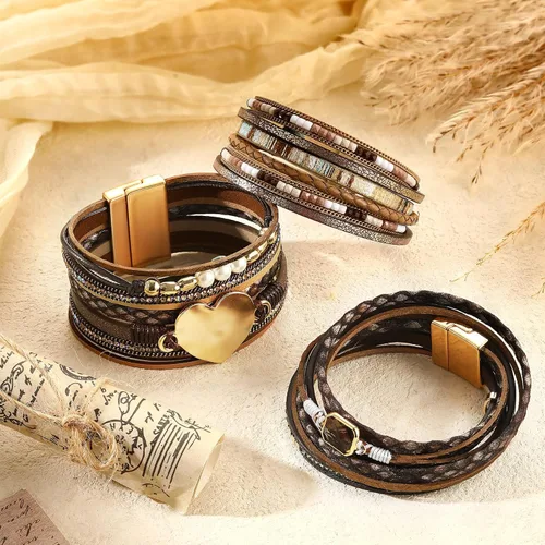 Vista 6 de Inbagi 3 piezas pulsera de turquesa para mujer pulsera de cuero joyería occidental para mujer brazalete plateado tipo pulsera