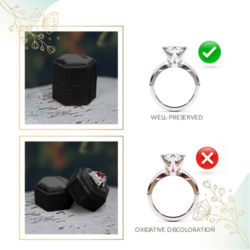 Vista 3 de Caja de terciopelo para anillos, color negro, con 2 ranuras, exquisita caja para anillos de boda, preciosa caja hexagonal para anillos de boda