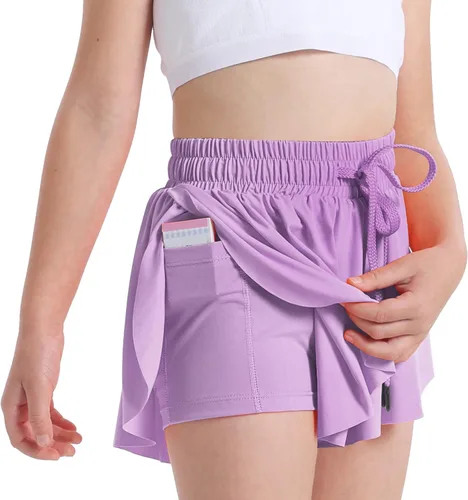 Vista 2 de Dizoboee Pantalones cortos fluidos para niñas, pantalones cortos de mariposa para jóvenes, falda atlética, pantalones cortos con bolsillo para niñas