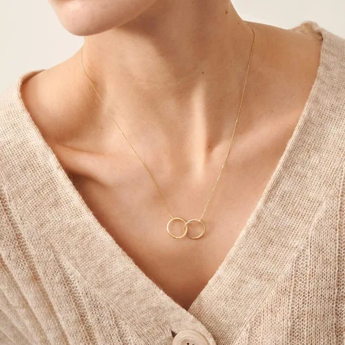 Vista 2 de Collar de círculos entrelazados de oro real de 14 quilates para mujer collares de anillos dobles en oro de 14 quilates collares con colgante