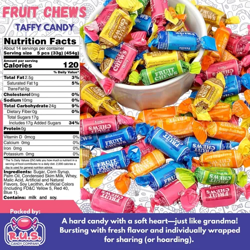 Vista 2 de Caramelos masticables de frutas – Sabores afrutados surtidos – Envueltos individualmente (70 piezas) – Bolsa a granel de 1 libra – Caramelo taffy
