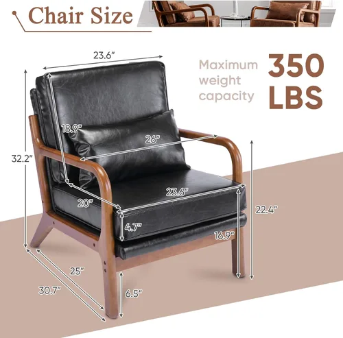 Vista 2 de Deolme Silla de Acento Moderna de Mediados de Siglo para Sala de Estar - Cómoda Silla con Brazo de Madera Maciza con Almohada Lumbar, Silla Lateral