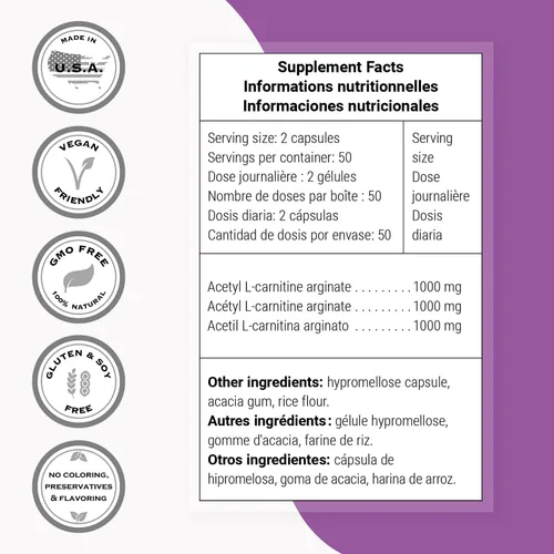 Vista 4 de Supersmart - Acetyl L Carnitine Arginate 1000 mg por día - Aminoácidos - Suplemento cerebral popular Sin OMG y sin gluten - 120 cápsulas