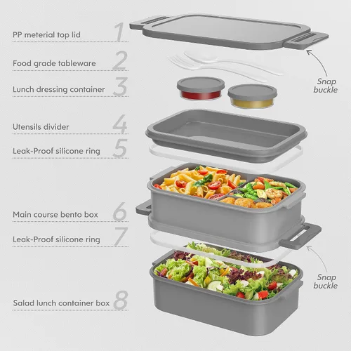 Vista 6 de Jelife Lonchera Bento para adultos, lonchera Bento apilable de 3 capas para adultos, lonchera Bento de estilo grande de 72 onzas, lonchera a prueba