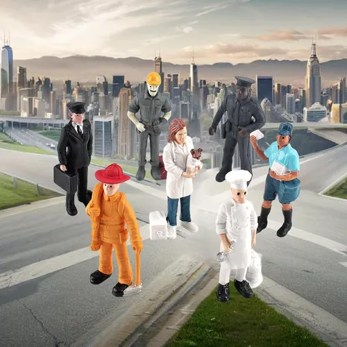Vista 4 de 9 piezas de figuras de personas en miniatura para pasteles, realistas, detalladas, policía, piloto, bombero, cartero, chef, modelo pintado a mano