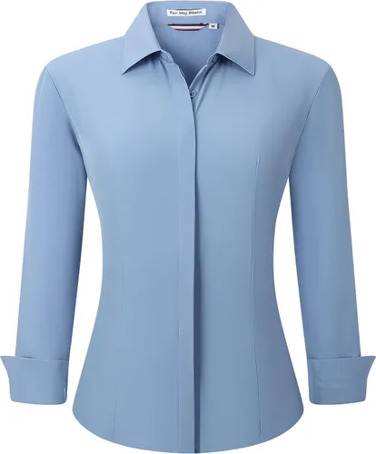 Vista 18 de Alex Vando Camisas de vestir para mujer, sin arrugas, ajuste regular, manga larga, elástica, camisa de trabajo