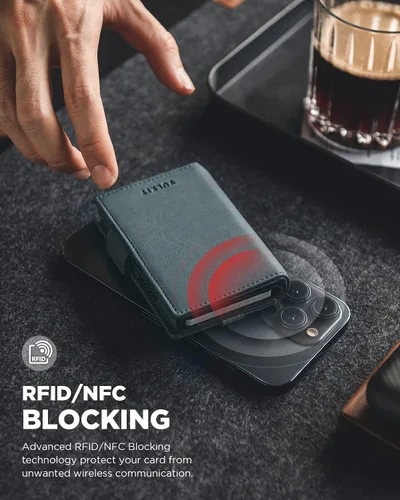 Vista 3 de VULKIT Cartera con tarjetero con soporte para Airtag y ventana de identificación, billetera de cuero desplegable con bloqueo RFID, cierre magnético