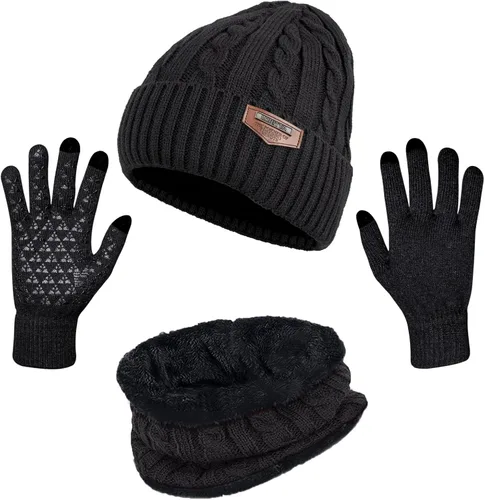 Vista 8 de Loritta Winter Hats for Men, 3 PCS Fleece Beanie Scarf Gloves Set A-Negro