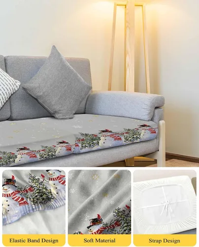 Vista 4 de Fundas de cojín para sofá de Navidad con diseño de muñeco de nieve gris, funda elástica para sofá con parte inferior elástica, diseño de árbol
