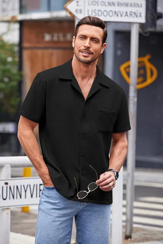 Vista 3 de COOFANDY Camisa de manga corta con botones para hombre, ajuste holgado, para playa cubana