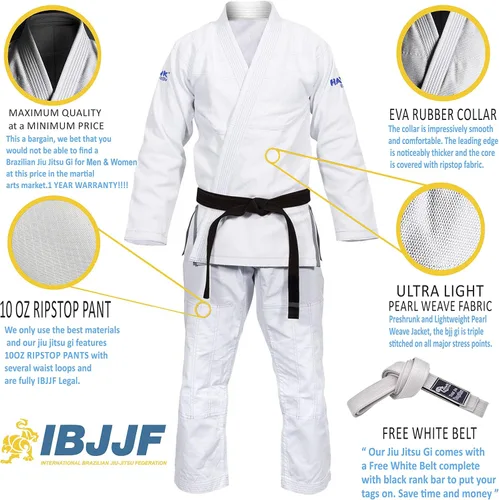 Vista 2 de Brazilian Jiu Jitsu Gi BJJ Gi para hombres y mujeres Grappling Gi Uniforme Kimonos ultraligeros, preencogidos, con cinturón blanco