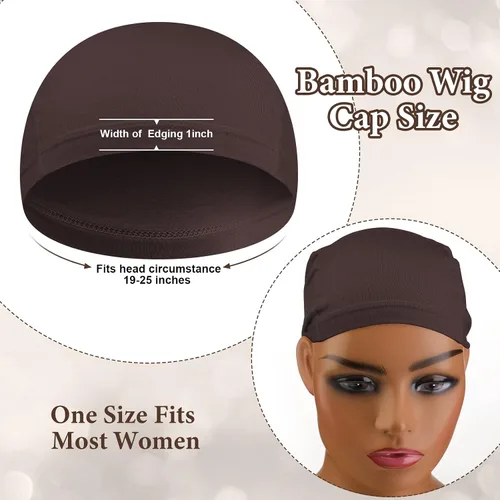 Vista 6 de Janmercy 4 Pcs Bamboo Wig Caps for Women Fiber Wig Liner Bald Caps Elastic Breathable Sleep Cap for Hair Loss Chemotherapy Marrón oscuro