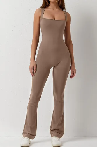 Vista 3 de QINSEN Overol acampanado para mujer, con tirantes delgados, cuello cuadrado, ajustado, largo completo, pantalones largos, traje casual