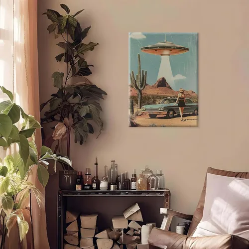 Vista 4 de Lienzo de paisaje del desierto para pared, póster de platillo volador, imagen retro de los años 70, estilo de los años 70, arte de pared vintage