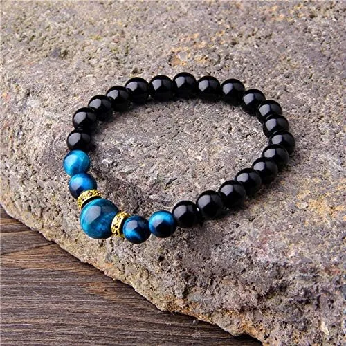 Vista 4 de Natural Stone Bracelets Men Royal Blue Tiger Eye Bracelets Bangle Fashion CZ Charm Black Onyx Beads IE1SG (4.rose gold color-23cm)