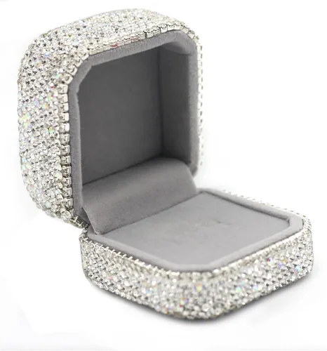 Vista 11 de Caja de anillos de cristal de lujo para aretes, caja de almacenamiento de joyería, caja de regalo para anillo de propuesta, ceremonia, boda, Negro