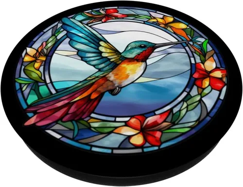 Vista 2 de Lindo colibrí de vidrieras ilustraciones de colibrí amante de los pájaros PopSockets intercambiables PopGrip