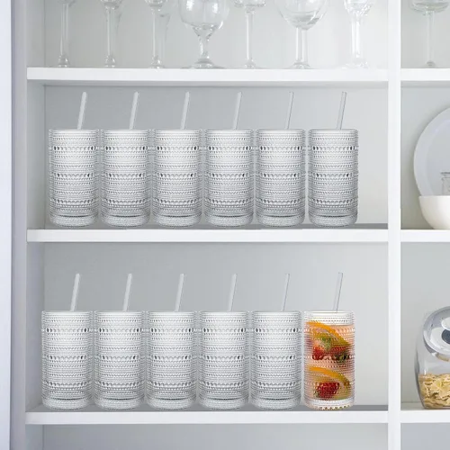 Vista 7 de Juego de 15 vasos de hobnail de 16 onzas / 16.2 fl oz vintage con pajitas, tazas gruesas en relieve para agua, café helado, jugo, cócteles, cocina