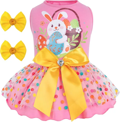 Vista 9 de cyeollo - Vestido de San Valentín para perro, traje de tul con estampado de corazón, con clip de lazo, talla XS Soft Breathable Fabric