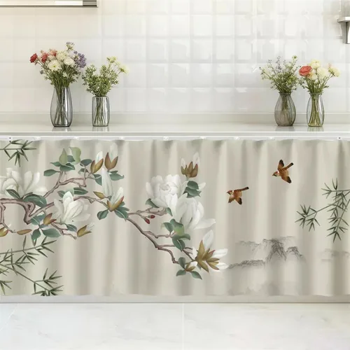 Vista 5 de SK Studio Cortinas cortas para cocina, estante de gabinete, a prueba de polvo, cortina opaca para café debajo del fregadero, falda para baño