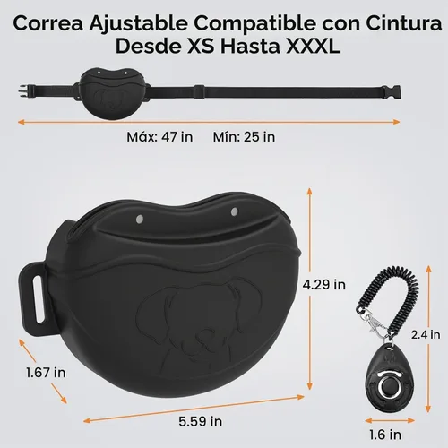 Vista 3 de Bolsa de golosinas para perros sin derrames que no gotea Bolsa de entrenamiento magnética de silicona con clic gratis y cinturón de cintura Negro